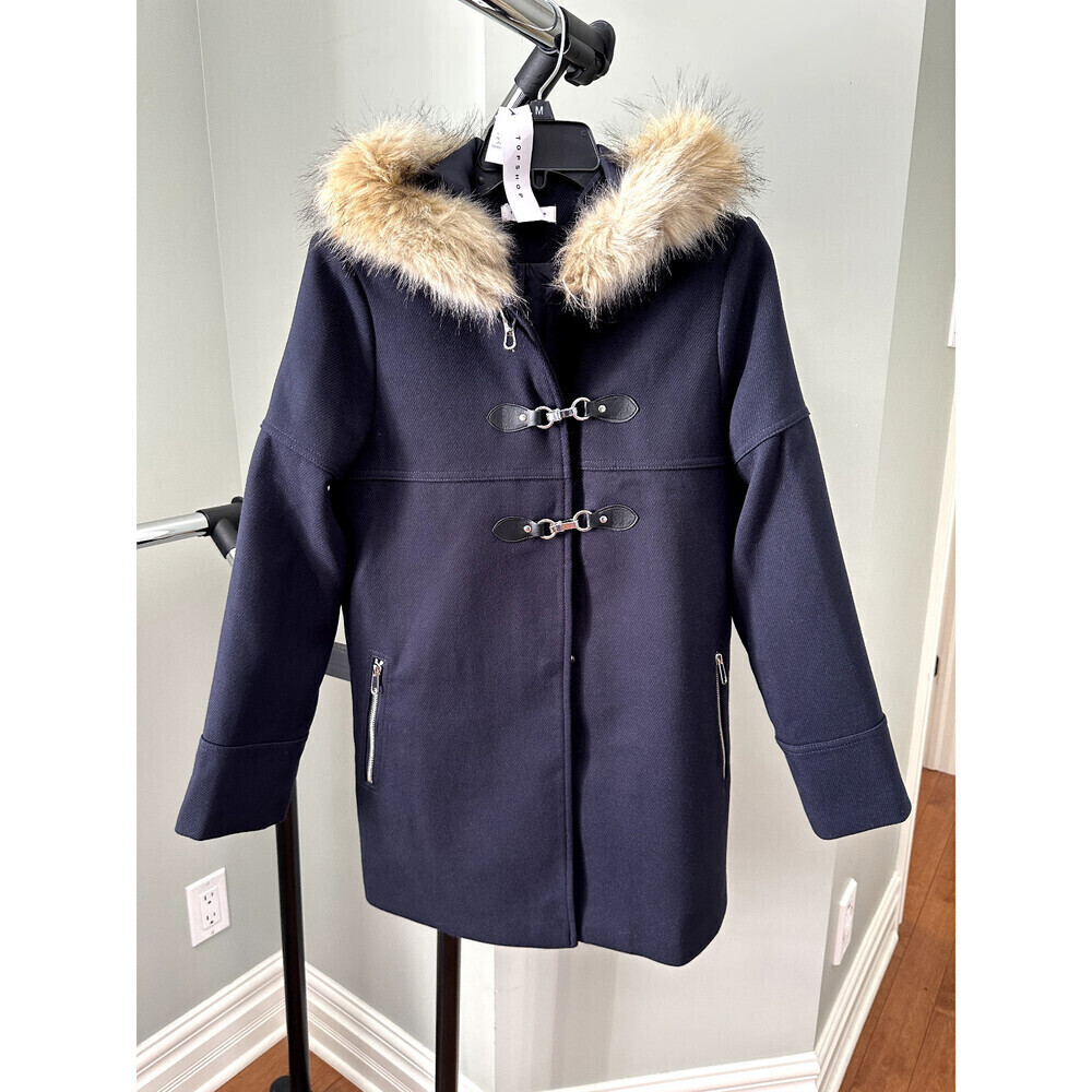 Topshop Women's Faux Fur Hooded Coat In Navy Size 2 US $148